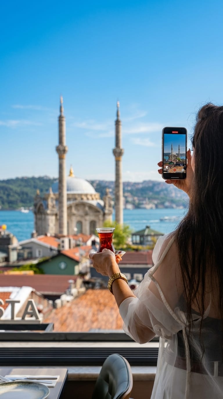 Bir çay, bir Boğaz manzarası